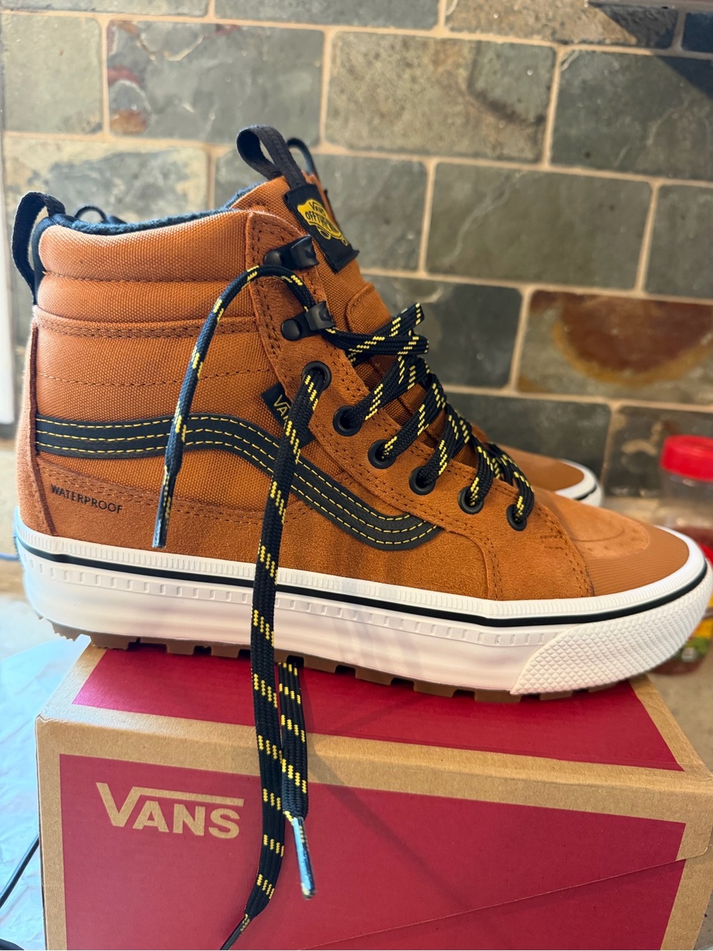 Vans MTE Brown and Black High-Top Waterproof Sneakers with Yellow-Accented Laces